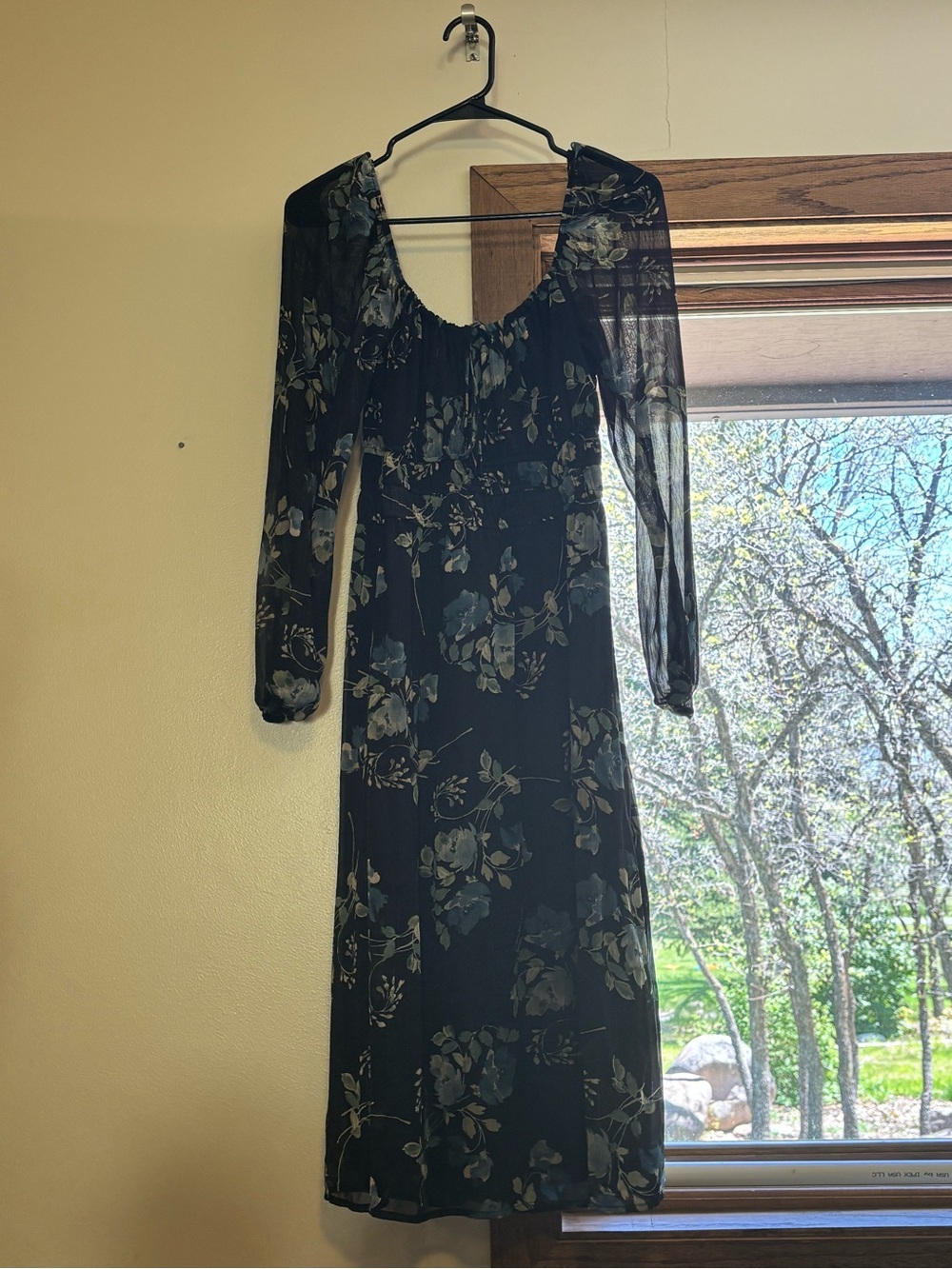 Black Floral Long Sleeve Midi Dress with Sheer Sleeves